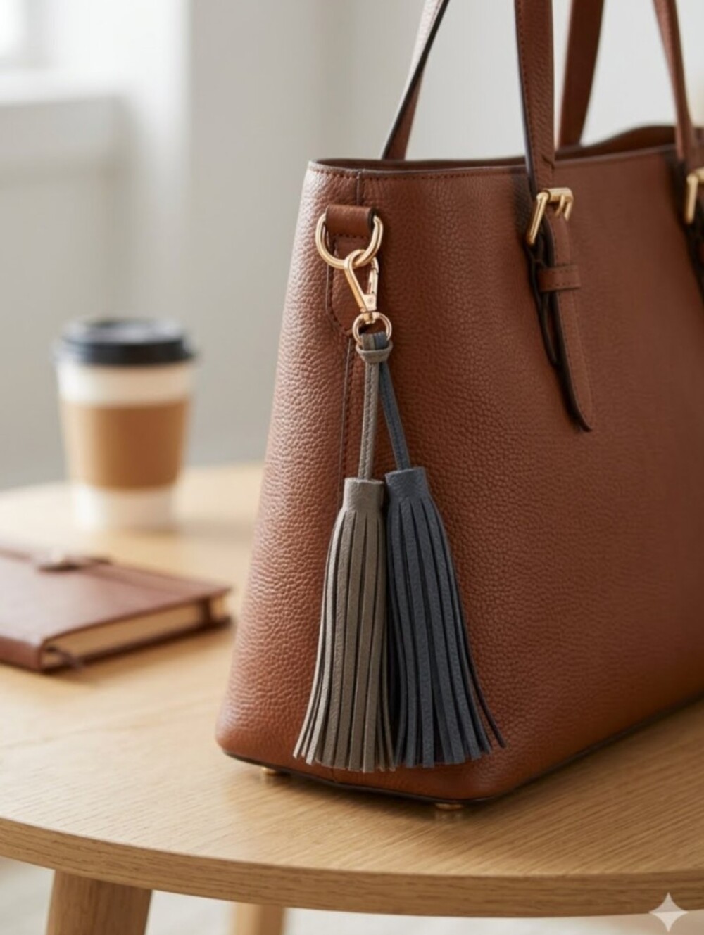 Faux Leather Double Tassel Bag Charm Gray Slate Blue